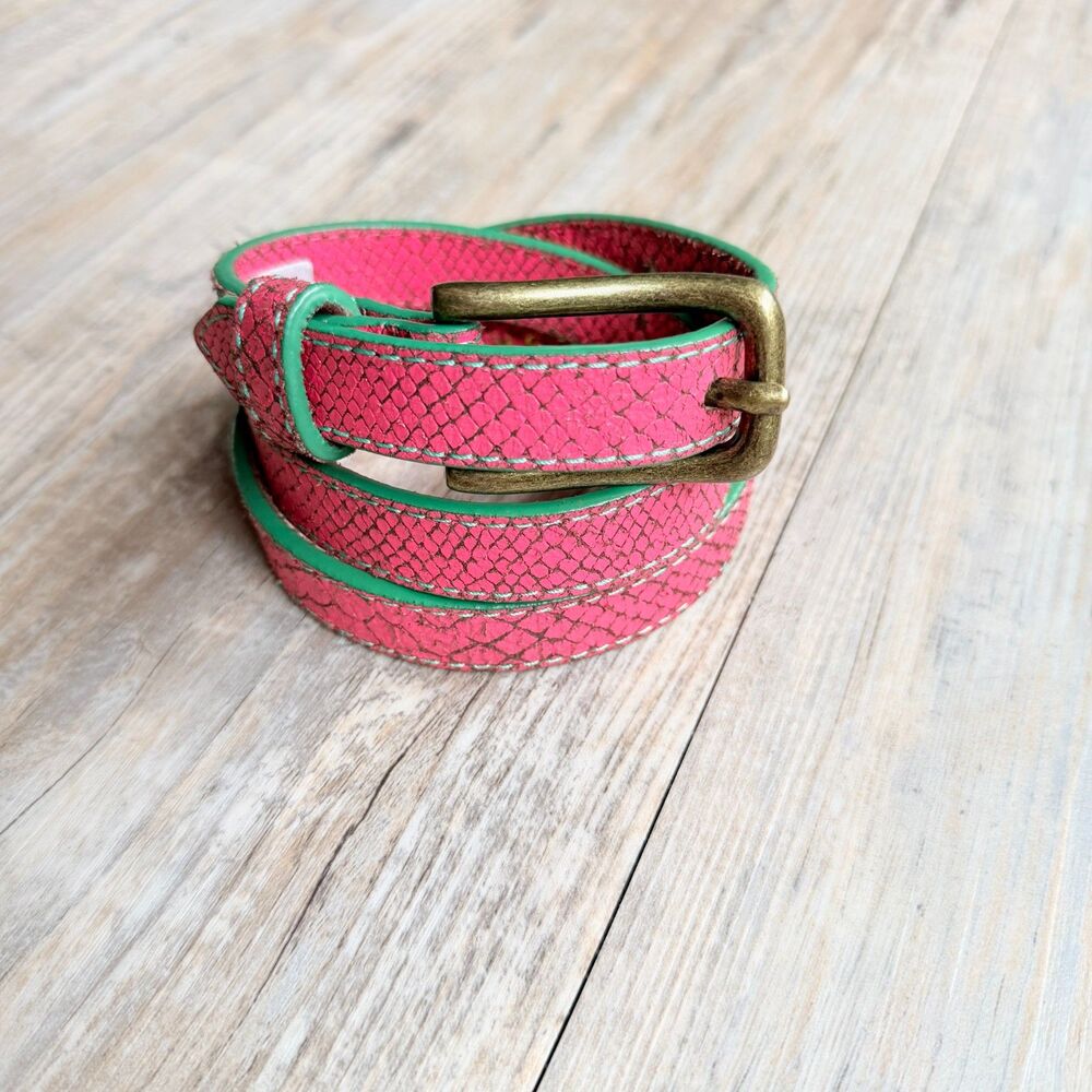 Liebeskind Berlin Pink Snakeskin Embossed Leather Belt Green Trim Size 85/32